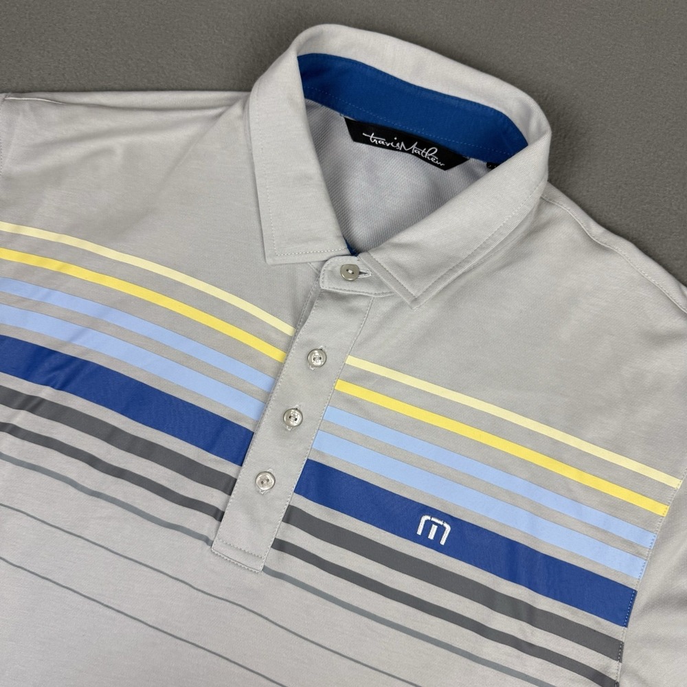 Men's Large Travis Mathew‎ Golf Polo Gray Blue Yellow Gray Stripe Stretch Casual